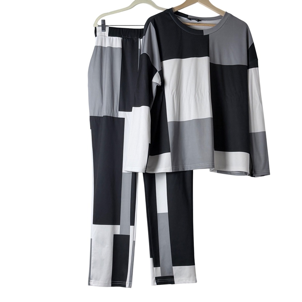 ChicMe 2 Piece Set Womens XL Black Gray Colorblock Geometric Pant Top Loungewear